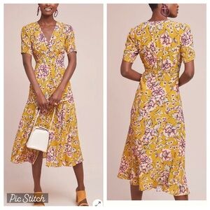 Anthropologie X Kachel Thea Yellow Floral Dress Vneck Midi Decorative Buttons 12